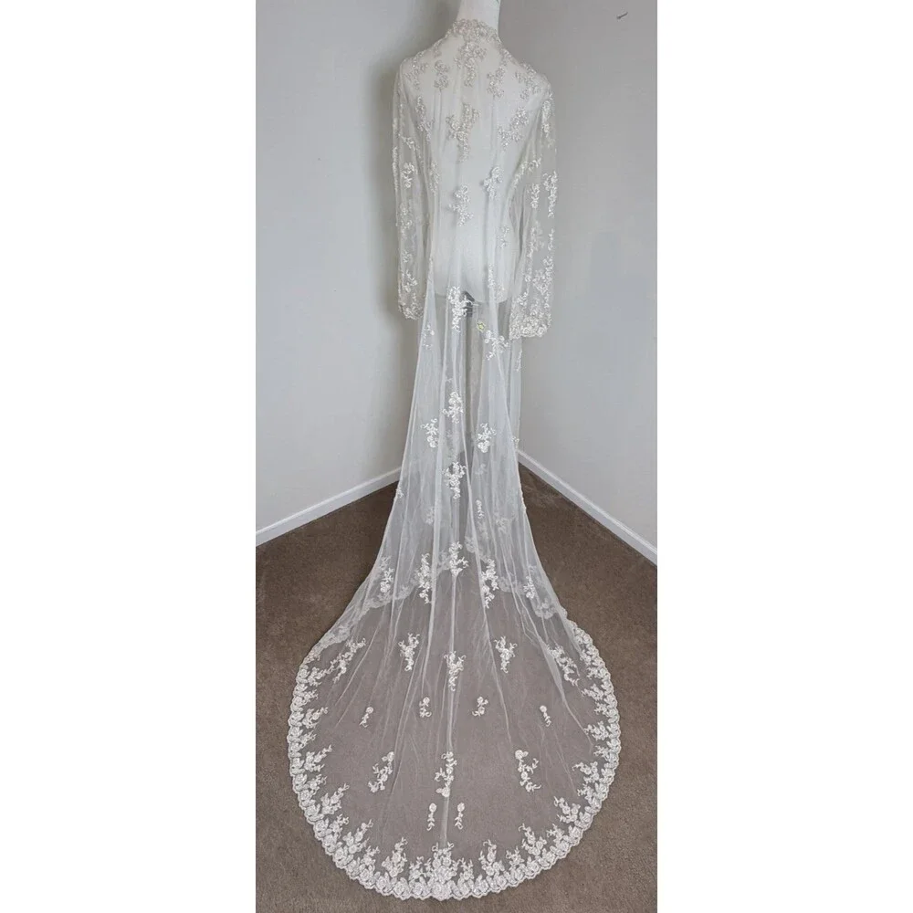 Vintage Ivory Bridal Robe Embroidered Tulle Beaded Pearl Long Train Wedding